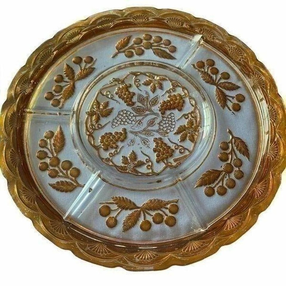 Antique 1930s (?) Holiday Sectioned Serving Platter Etched Grapes Painted Glass